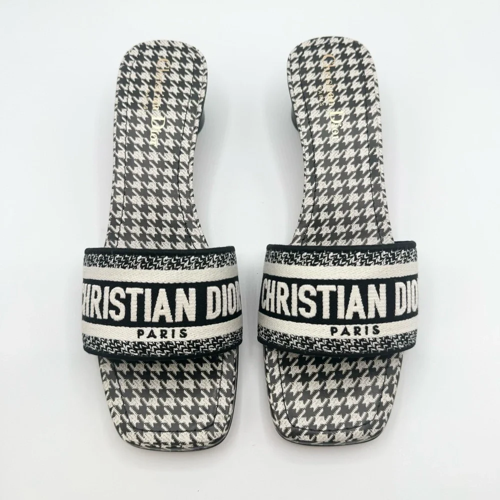 NEW Dior White Black Day Micro Logo Houndstooth Slide Sandals Block Heels Mules